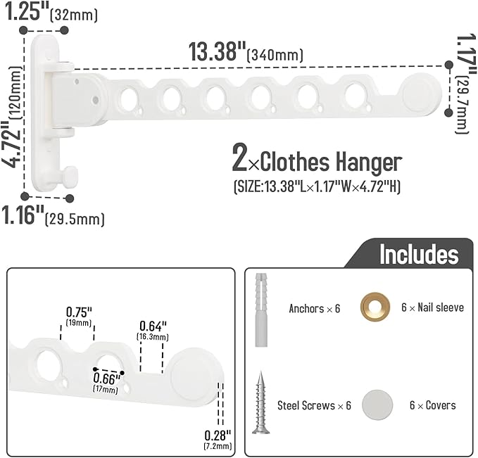 Danpoo Clothes Drying Rack Foldable Wall Mounted Laundry Drying Rack Clothing Coat Hanger Clothes Dryer White