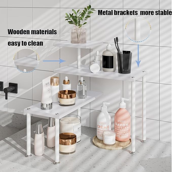 Countertop Organizer Organization 3 Tier Kitchen Corner Shelves Adjustable Spice Storage Rack for Bathroom Coffee Area Over Sink (White)