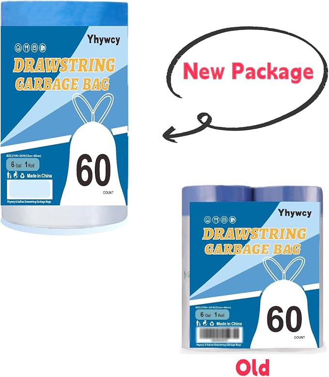 Trash Bags 6 Gallons Drawstring Garbage Bags 60 Count for Office, Living Room, Kitchen and Bathroom Trash Cans- Thickened, Stretchy, Unscented