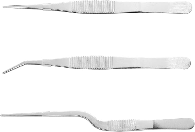 Stainless Steel Tweezers Set for Small Gardening and Kitchen, Multi-Purpose Tools Silver Tweezers (3Pcs, 6.22Inches / 6.33Inches / 6.4Inches)