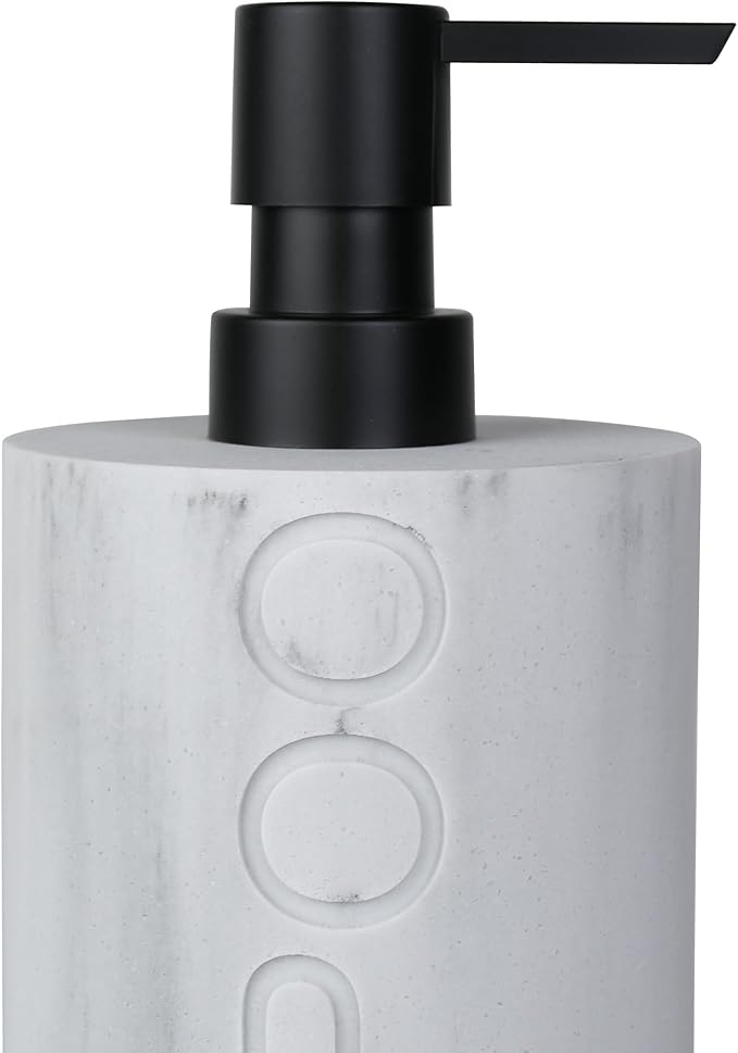 Matte White Shampoo Dispenser Modern Refillable Pump Bottle with Embossed Text, Durable Resin Construction for Bathroom and Kitchen