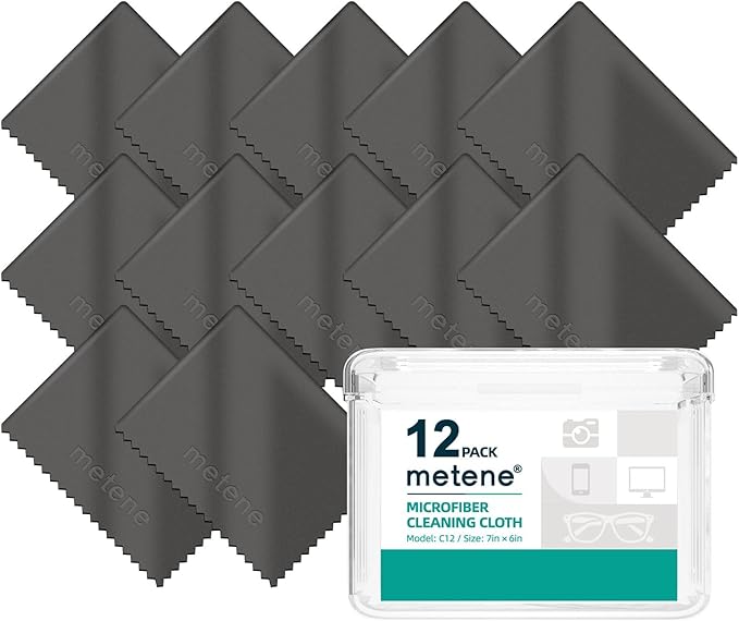 Metene 12 Pack Microfiber Cleaning Cloth (6 "x7"), Individually Wrapped and Equipped with a Storage Box | Microfiber Cloth for Glasses, Screens, Camera Lens and More(Dark Gray)