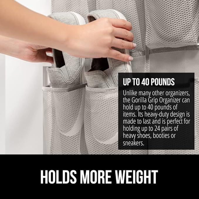 GORILLA GRIP Over the Door Shoe Organizer, 24 Large Breathable Mesh Pockets, Space Saving Hanging Storage Holder, Closet Rack Hanger Holds Up to 40 lbs, Hangs on Closets for Shoes, Accessories, Linen