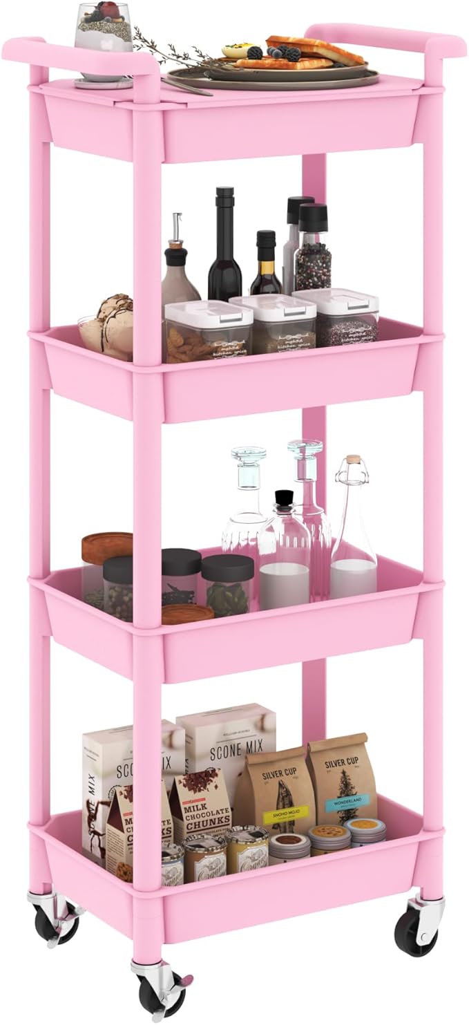 Utility cart with Tabletop 4 Tier Rolling Cart Organizer with Wheels Movable Storage Cart for Office, Living Room, Kitchen, Craft Room, Pink