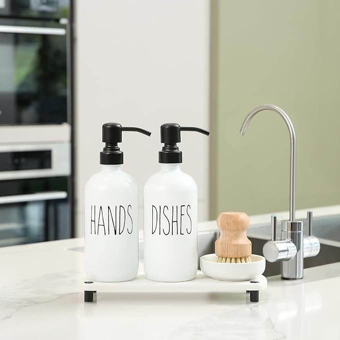 MOMEEMO White Soap Dispenser Set Comes with Stainless Steel Pumps, Instant Dry Tray, and Dish Scrub Brush, Suitable for Kitchen Accessories and Farmhouse Decor. (White)