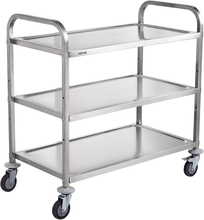 VEVOR Kitchen Utility Cart, 37.5"x19.7"x37.7" 3 Tiers Wire Rolling Cart, 450LBS Capacity Steel Service Cart with Brake Wheels, Storage Trolley with 80mm Basket PP Liner 6 Hooks, Indoor & Outdoor Use