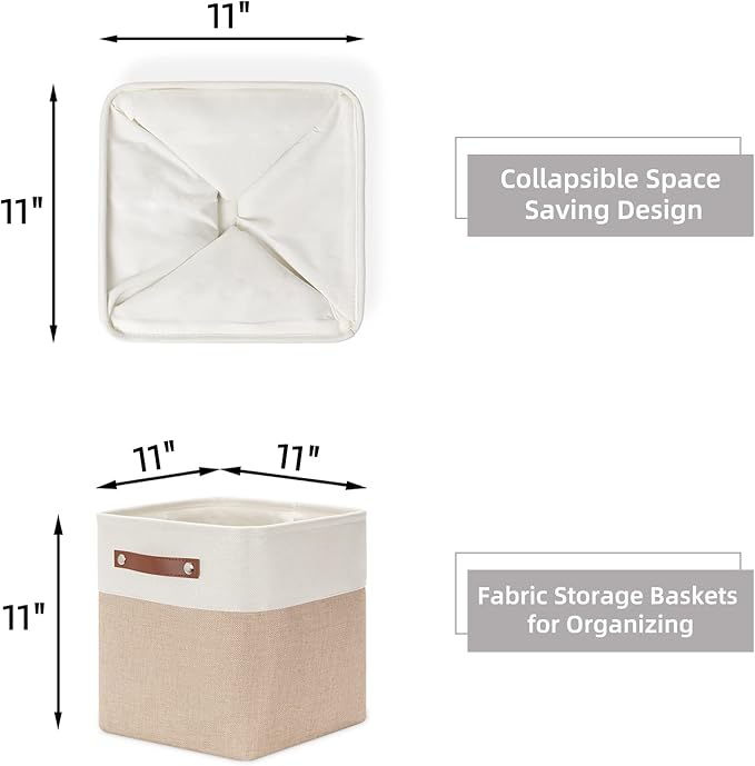 HNZIGE Foldable Storage Cubes Baskets for Organizing Set of 4, Fabric Cube Storage Bins 11 x11, Collapsible Storage Basket Bins Cube with Handles for Shelves Home Nursery(White Beige)