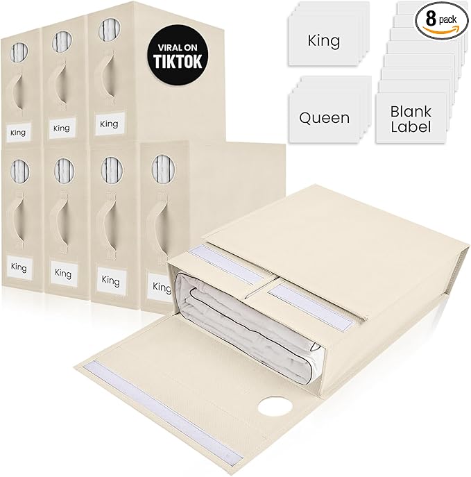 8 Pack Bed Sheet Organizer and Storage, Foldable Storage Organizer for Linen Closet with Viewing Window & Label for Bedding Sheets & Blankets (Queen & King Size) Cream