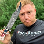 : CUSTOM HAND MADE DAMASCUS STEEL COLLECTIBLE GUTT KNIFE HANDLE MATERIAL BONE USA FLAG ACID ACHING (STAR)