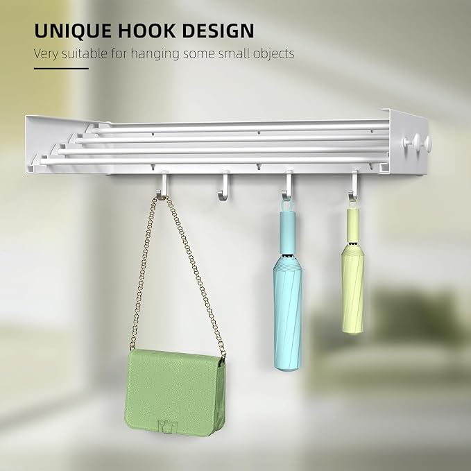 Drying Rack Clothing,Clothes Drying Rack Wall Mounted,Laundry Drying Rack Wall Mount,Foldable,Collapsible,60 lb Capacity 5 Aluminium Poles with 12 Hooks (White, 23.6'')
