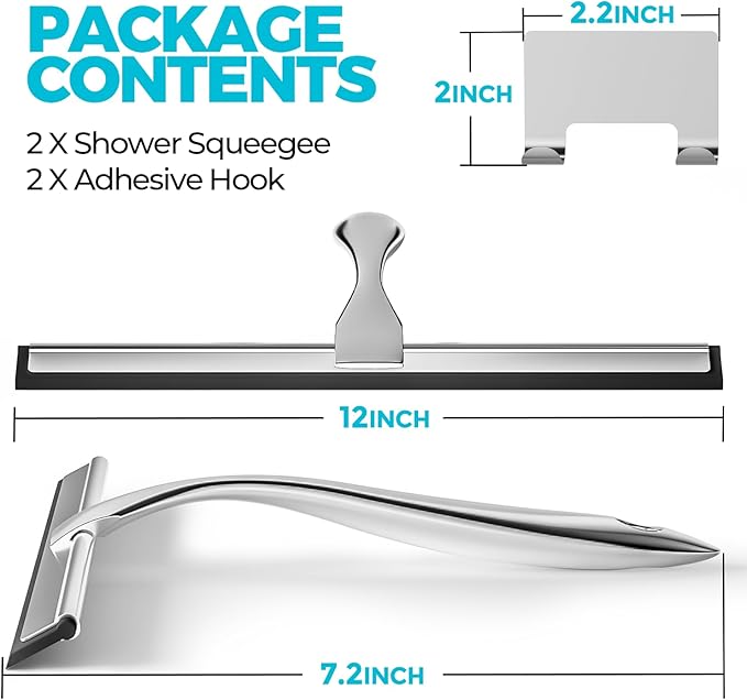 2PACK 12-Inch All-Purpose Shower Squeegee for Shower Doors, Tile Shower Walls, Bathroom, Window, Glass and Car Windshield, Mirrors and Kitchen-Stainless Steel, Silver