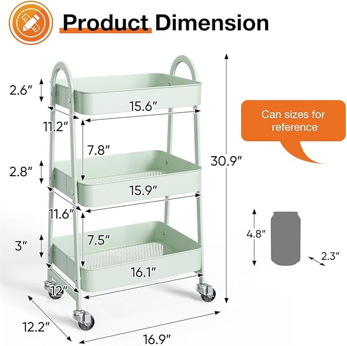 3-Tier Metal Rolling Utility Cart, Small Rolling Cart Kitchen Trolley Bathroom Laundry Room Bar Office Shelves Storage Organizer Shelving Unit with Caster Wheels for Narrow Places, Green
