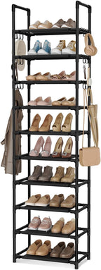VTRIN 10 Tiers Tall Shoe Rack Holds 20-25 Pairs of Shoes Sturdy Vertical Shoe Organizer with 18pcs Hooks Stackable Narrow Shoe Rack for Closet, Entryway Black