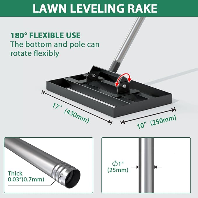 17" x 10" Lawn Leveling Rake with 78" Adjustable Stainless Steel Handle - Heavy Duty Grass Leveling Tool, Leveling rake for Lawn Care, Yard Leveler