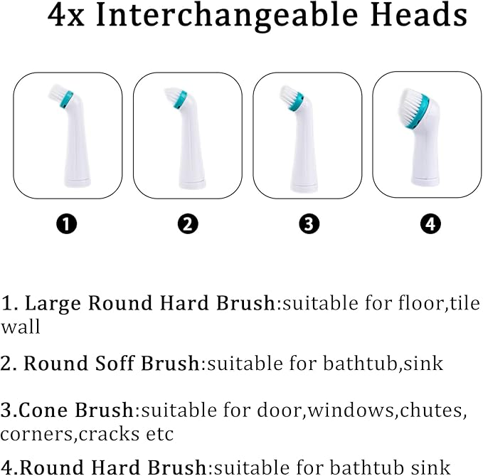 Electric Cleaning Brush with 4 in 1 Multiple Brush Heads,Indoor Household Cordless Motorized Brush for Bathroom Toilet Kitchen Tile Crevice