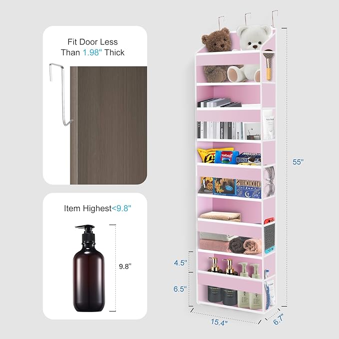 Over the Door Organizer Closet,5 Bins 10 Side Pockets,Hanging Door Organizer,Anti Tilt 44 lbs Load Organizers and Storage with Clear Window for Bedroom,Nursery,Rv,Bathroom,Camper(Pink)