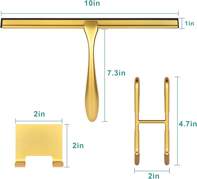 Shower Squeegee for Glass Doors,10-Inch Shower Glass Squeegee, Gold Shower Squeegee for Shower Doors,Mirror,Windows, with Shower Door Hook and Adhesive Hook