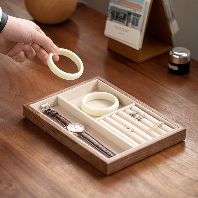 Black Walnut Wood Jewelry Tray with Velvet Lining, Multi-Functional Jewelry Organizer for Rings, Earrings, Necklaces & Bracelets, Drawer Jewelry Storage & Display Tray