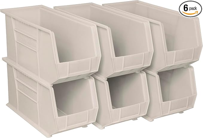 Akro-Mils 30265 AkroBins Plastic Storage Bins, Space-Saving Stackable Bins for Garage, Pantry, Craft Organization, 18-Inch x 8.25-Inch x 9-Inch, Stone, 6-Pack