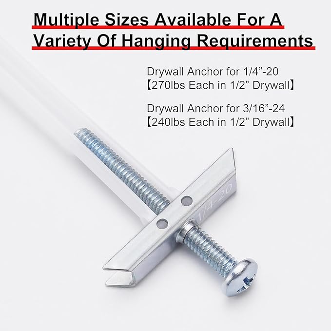 Heavy Duty Drywall Anchor Bolts with 1/4"-20 Fastener Suitable for TV Mounting Hollow Wall Anchor Bolt Screw Kit Supports Up to 270 lbs Each on 1/2 Inch Drywall Pack of 50