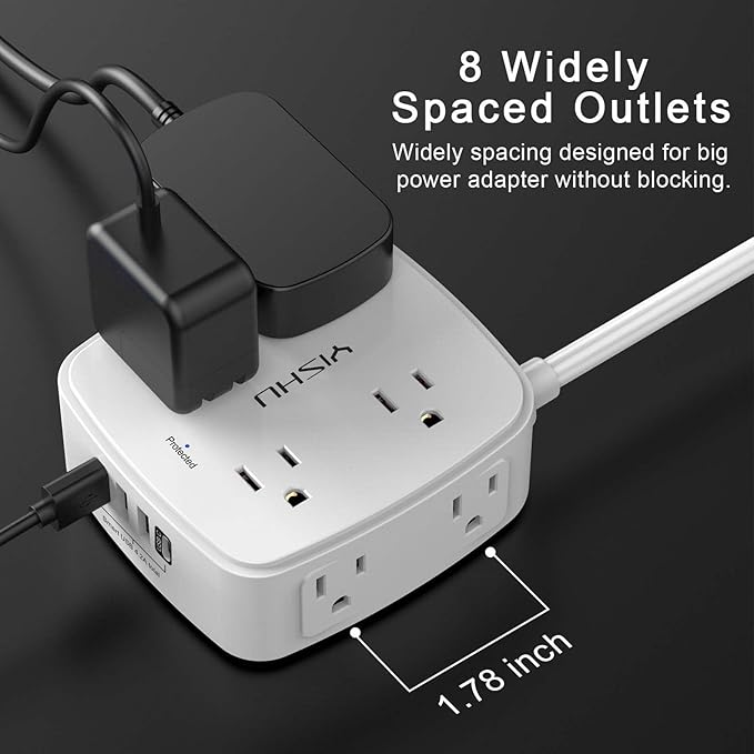 10 Ft Surge Protector Power Strip - YISHU 8 Widely Outlets with 4 USB Ports, 3 Side Outlet Extender with 10 Feet Flat Extension Cord, Ultra Flat Plug, Wall Mount, Desk USB Charging Station, ETL, White