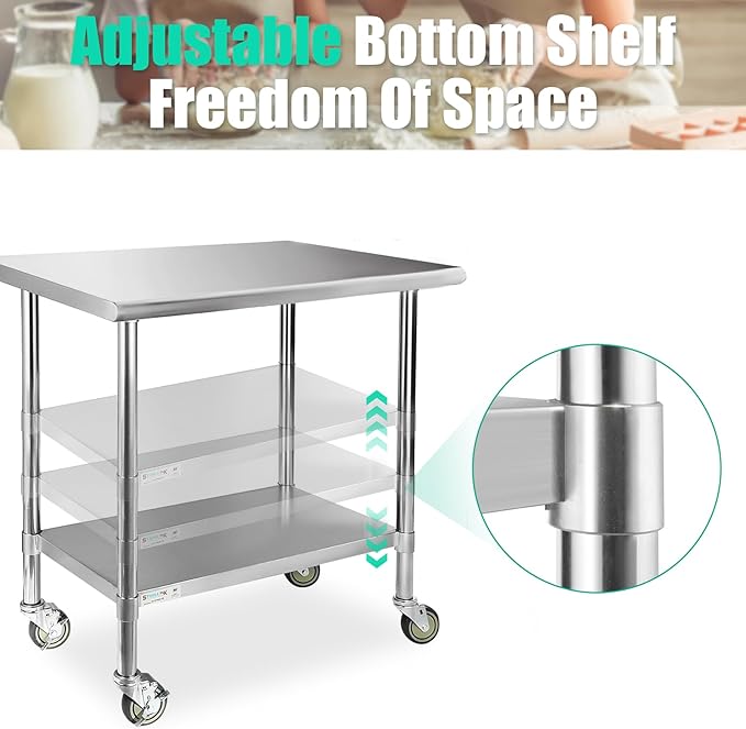 STABLEINK NSF Stainless Steel Table with Caster Wheels, 30 x 18 Inches Metal Prep & Work Table with Adjustable Undershelf, for Commercial Kitchen, Restaurant, Hotel and Garage