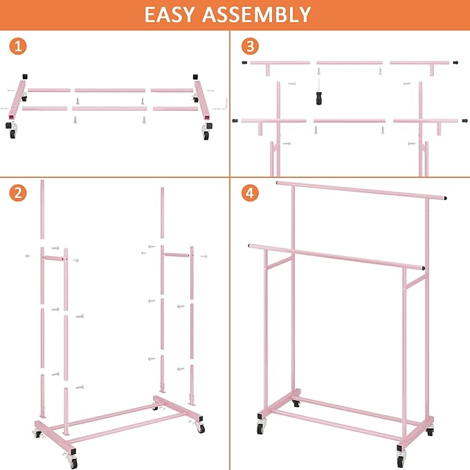 Calmootey Double Rod Clothing Garment Rack,Rolling Hanging Clothes Rack,Portable Clothes Organizer for Bedroom,Living Room,Clothing Store,Pink