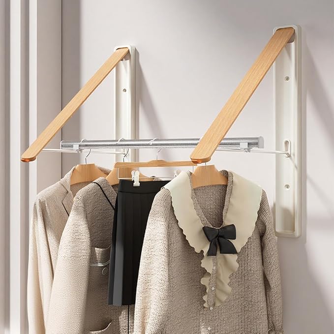 Retractable Wall Mounted Drying Rack - Foldable Clothes Hanger in Walnut or Oak Color for Laundry Room, Closet & Balcony (Oak, 2 Racks + Rod)