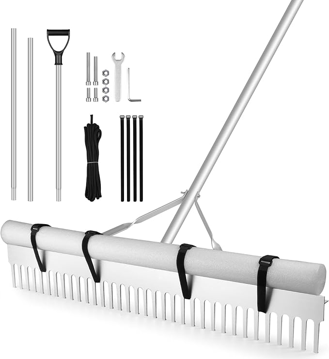 Landscape Rake, 36" Aluminum Heavy Duty Lake Weed Rake, Multifunctional Detachable Aquatic with 102'' Extension Handle & 20Ft Rope, for Weed Algae Removal Loosening Soil Lawn Garden Care