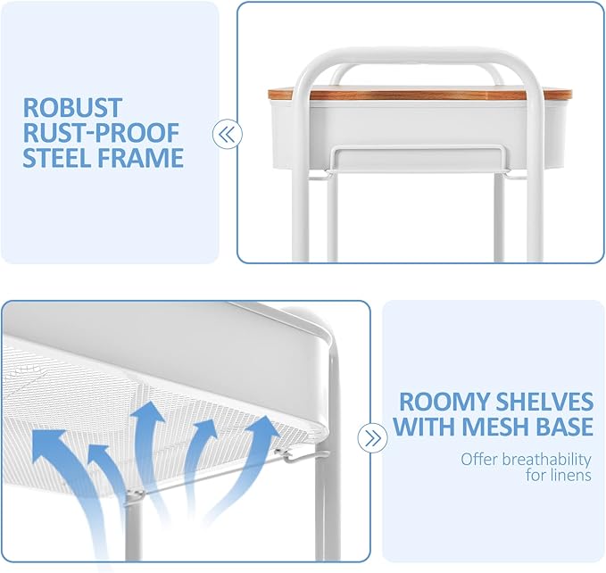 TOOLF 3-Tier Rolling Cart with Table Top, Metal Storage Cart on Wheels, Utility Organizer with Wooden Tray, Lockable Casters, Easy Assembly for Bathroom, Living Room, Office, Kitchen, White