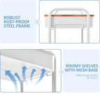 TOOLF 3-Tier Rolling Cart with Table Top, Metal Storage Cart on Wheels, Utility Organizer with Wooden Tray, Lockable Casters, Easy Assembly for Bathroom, Living Room, Office, Kitchen, White