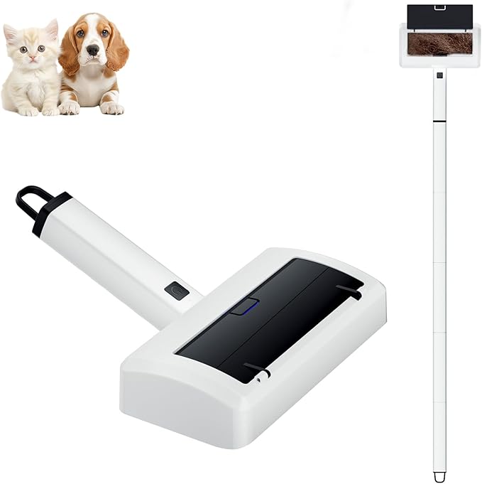 Electric Pet Hair Remover for Dogs & Cats, Rechargeable Lint Roller with Adjustable Handle, Portable Hair Cleaner for Sofa, Carpet, Bed, Car, Multi-Surface Fur Removal Tool (White, Electric)
