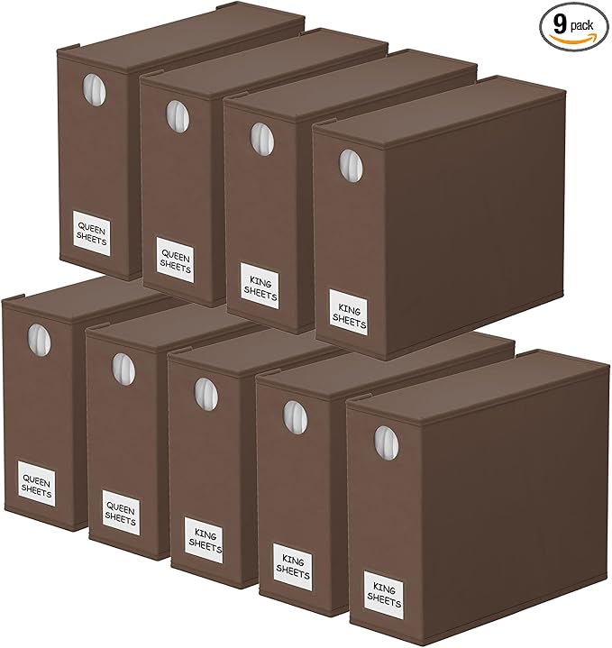 SpaceAid 9 Pack Bed Sheet Organizers and Storage, Foldable Sheet Organizer with Window for Linen Closet, Set Folder Keeper for Queen & King Size Bedding Storage (Brown)