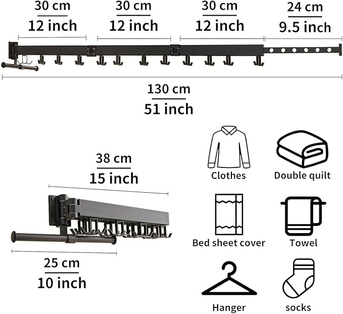 JOOM Clothes Drying Rack Wall Mounted,Folding Clothes Drying Rack,Retractable,Collapsible(Tri-Fold,Upgrade Hook),Wall Mounted Drying Rack for Laundry Balcony Bathroom (Black)