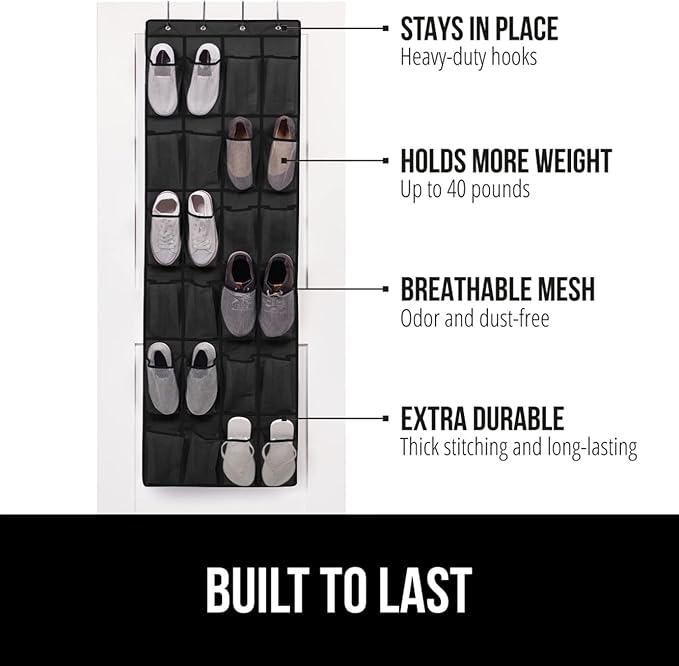 GORILLA GRIP Over the Door Shoe Organizer, 2 Pack, 24 Breathable Mesh Pockets, Space Saving Hanging Storage Holder, Closet Rack Hanger Holds Up to 40 lbs, Hangs on Closets, Shoes, Accessories, Black