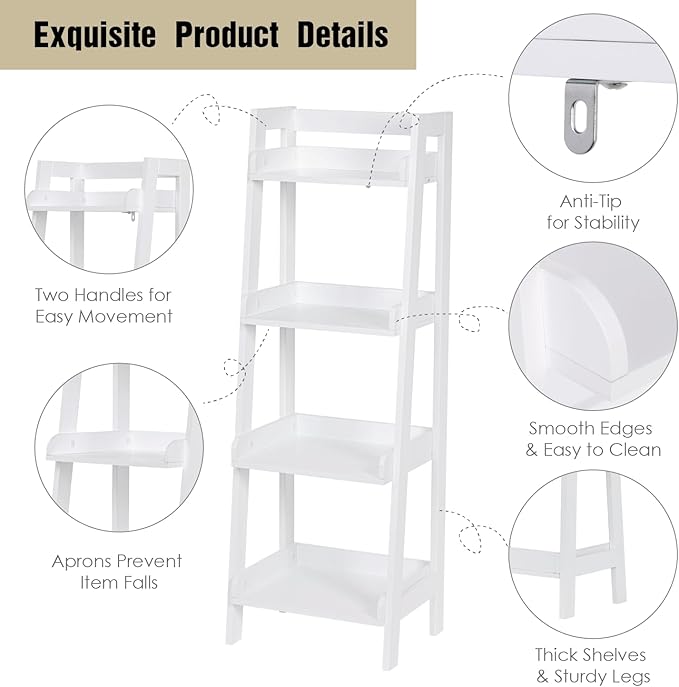 UTEX 4-Tier Ladder Shelf, Bathroom Shelf Freestanding, 4-Shelf Spacesaver Open Wood Shelving Unit, Ladder Shelf (White)