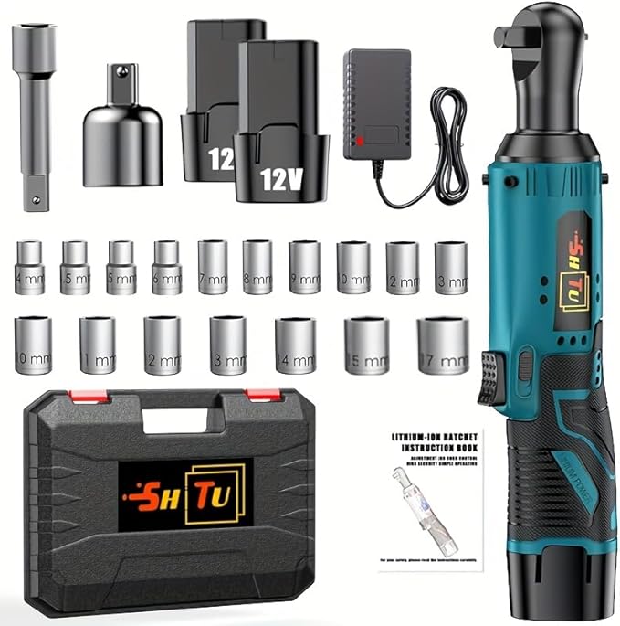 12V cordless ratchet kit, car repair screw and nut disassembly, with quick charger, suitable for home and car repair, is a holiday gift for men. (Upgrade battery * 2+plastic box+multiple accessories)