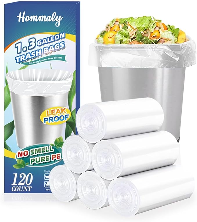 1.3 Gallon 120 pcs (1.2-1.3 Gal) Small Clear Trash Bags, Strong 1.2 Gallon 1.3 Gallon Garbage Bags, Bathroom Trash Can Bin Liners,Mini Bags Waste Basket Liner,Fit 5-6 Liter, 1-1.3 Gal (1.3C120)