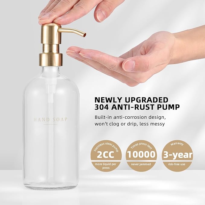 Glass Soap Dispenser - Dish Soap Dispenser for Kitchen, Hand Soap Dispenser Set, Bathroom Soap Dispenser with 304 Rust Proof Pump, Soap Dispenser for Kitchen with Tray, Clear Bottle/Gold Pump