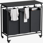 LINZINAR 3 Bag Laundry Basket Sorter Heavy Duty Rolling Lockable Wheels Laundry Hamper Cart with Ironing Board and Removable Bags, Black