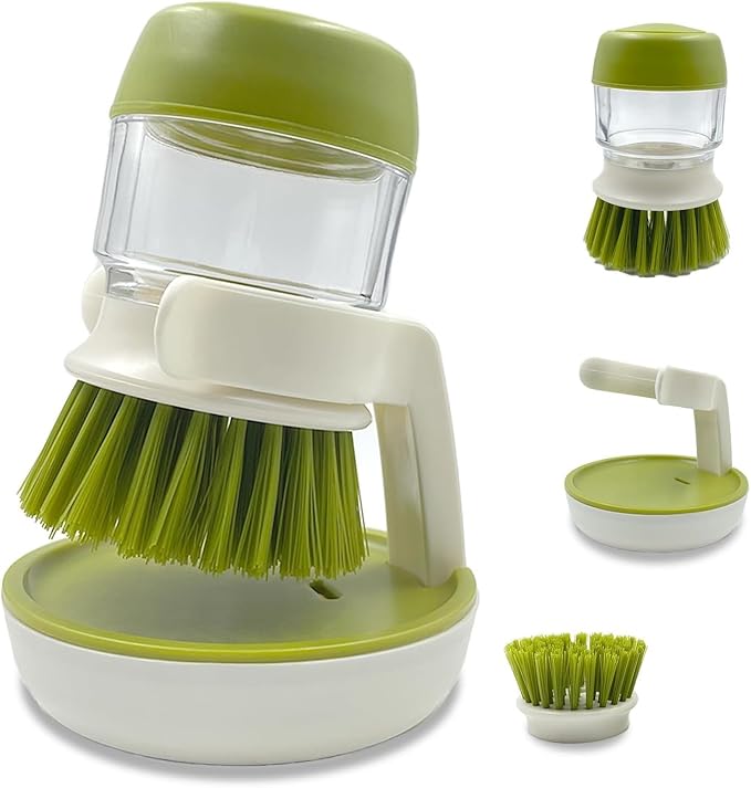 Soap Dispenser Palm Dish Brush with Storage Bracket – Drainage Base, Easy-to-Clean Kitchen Utensil Cleaner | Includes Extra Soft Bristle Brush (Green)