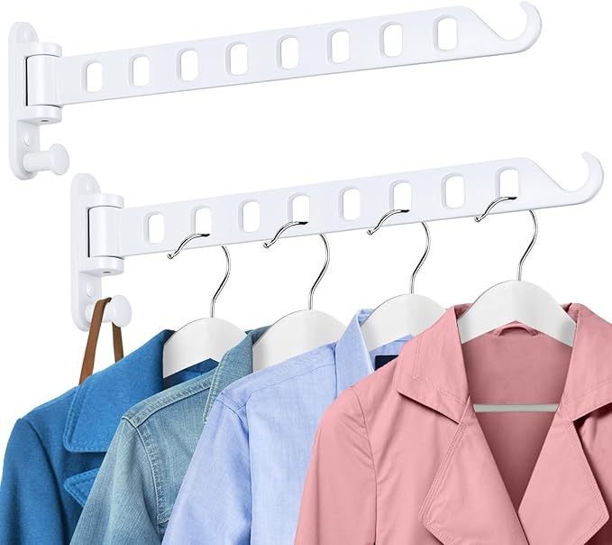 Laundry Drying Rack Wall Mounted - Swing Arm Clothes Hanger with 8-Hole, Sturdy Hanging Bar & Swivel Laundry Room Hook, Coat Hanger Holder for Closet, Aluminum (2-Pack, White)