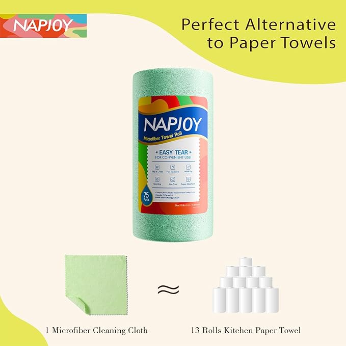 Napjoy Microfiber Cleaning Cloth Roll, 75PK Easy Tear Away Reusable Paper Towels, 12" x 12", Ultra Soft Micro Fiber Dish Cloths for Kitchen, Housekeeping, Window, Car, Garden, Bathroom, Green