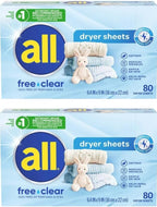 2 Pack- Fabric Softener Dryer Sheets for Sensitive Skin, Free Clear, 80 Count (160ct)