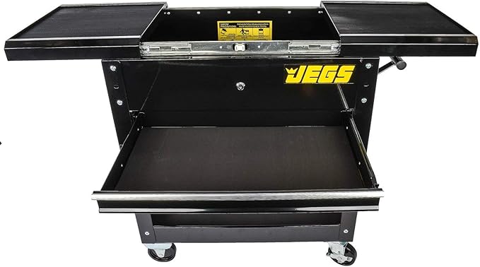 JEGS Heavy-Duty Tool Box Cart | 220 LBS Capacity | Uses Four 4” Caster Wheels | Includes 2 Keyes and 6 Drawer Liners | Black with JEGS Logo | 2 Locking Drawers | Sliding Top