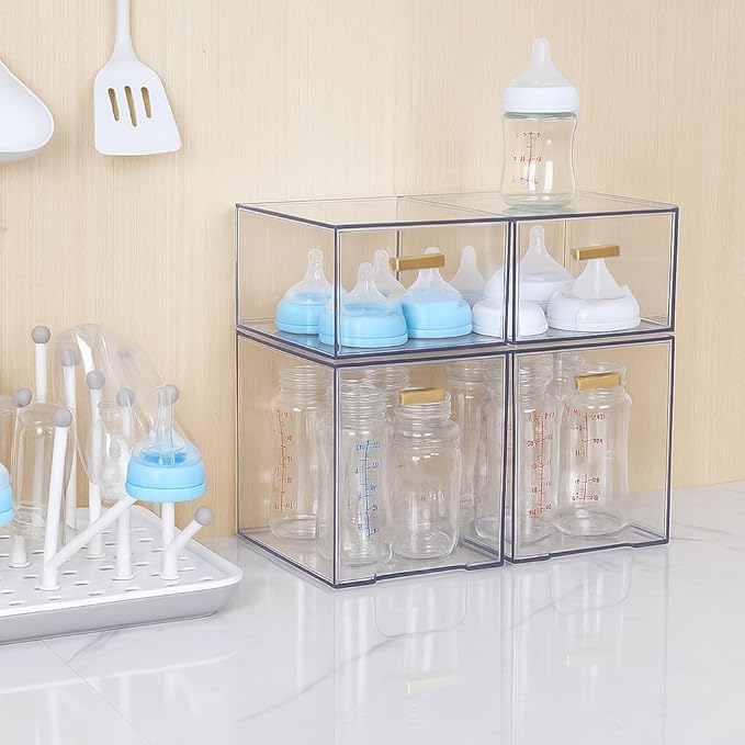 4 Pack Stackable Clear Acrylic Storage Drawers with Golden Handles, Plastic Drawer Organizers for Makeup, Kitchen, Bathroom, Office, Under Sink & Cabinet Organization