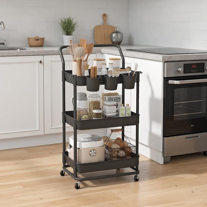 Buzowruil 3-Tier Rolling Utility Cart, Storage Cart with Handle Multi-Purpose and Locking Wheels,with Hanging Basket and Hook for Office, Kitchen, Bathroom,Black