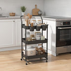 Buzowruil 3-Tier Rolling Utility Cart, Storage Cart with Handle Multi-Purpose and Locking Wheels,with Hanging Basket and Hook for Office, Kitchen, Bathroom,Black