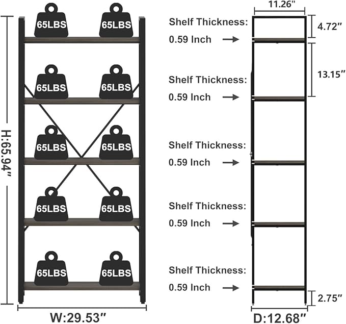 FATORRI 5 Tier Industrial Bookshelf, Rustic Etagere Bookcase for Display, Vintage Shelving Unit Wood and Metal Tall Book Shelves for Home Office (Walnut Brown)