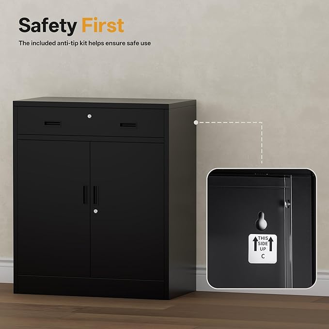 Metal Garage Storage Cabinet 36" H, Steel Locking Cabinet with 2 Lockable Doors and 1 Drawer Adjustable Shelves Easy to Assemble for Home Office, Garage,School, Apartment, Warehouse